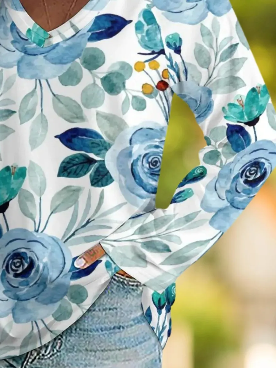 Watercolor Floral V-Neck Top