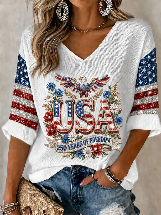 Women'S Retro Independence Day Art Printed Casual T-Shirt