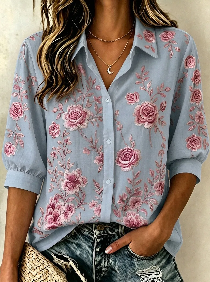 Women's Breast Cancer Awareness Pink Rose Floral Embroidered Button-Down Shirt