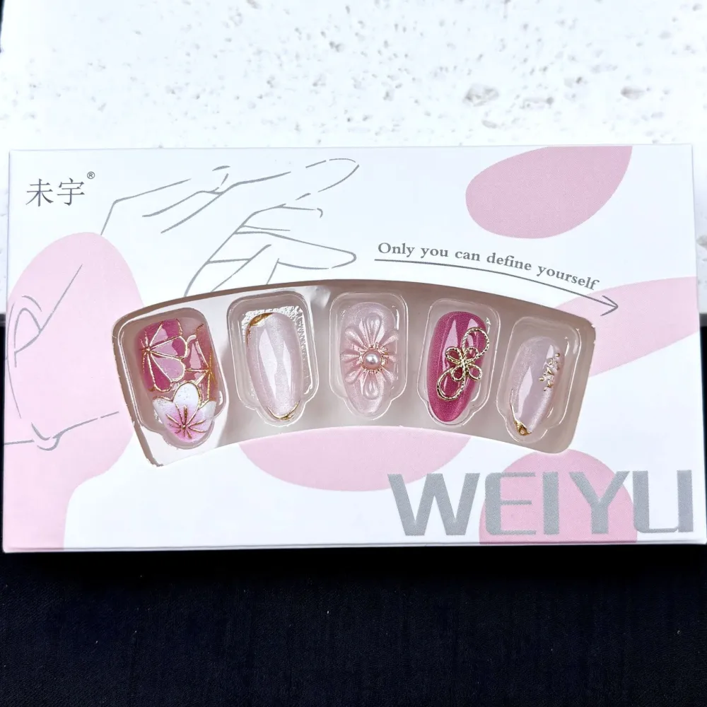 Nailhour 30Pcs 3D Floral Medium Oval Gilded Press On Nails