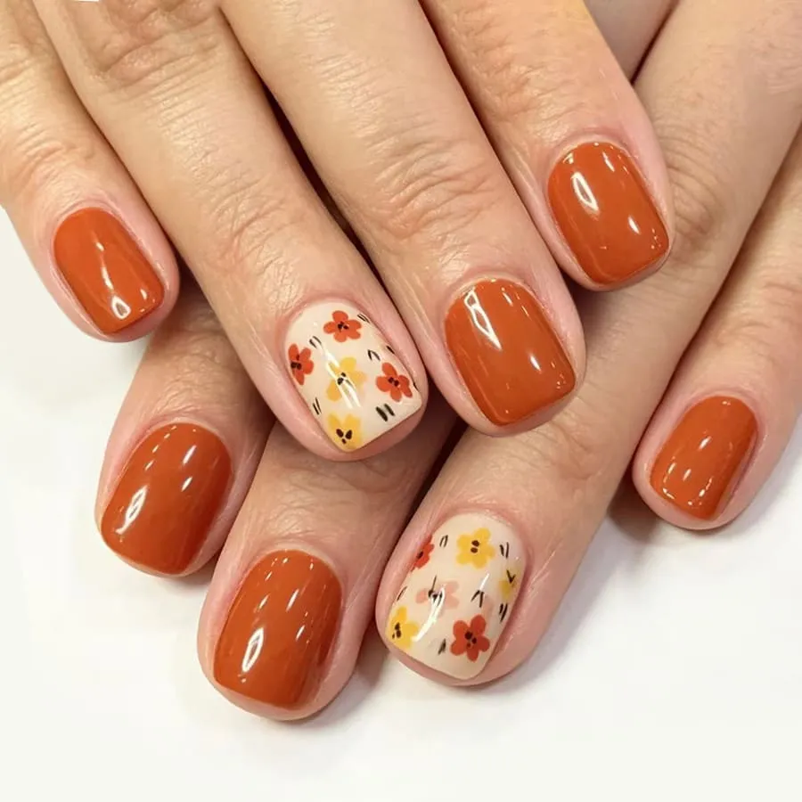 Nailhour 24Pcs Autumn French Colorful Floral Orange Short Square Press On Nails