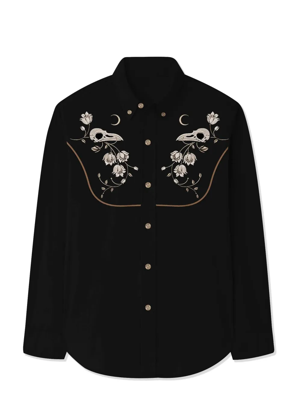 Flower And Raven Skull - 100% Cotton Long Sleeves Shirt
