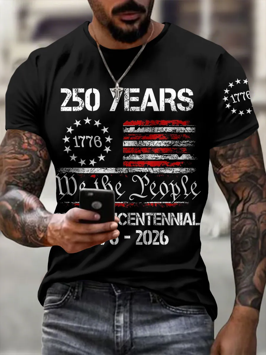 Men'S Casual 250Th Anniversary Celebration Of The Founding Of The United States, Personalized Printed Round Neck T-Shirt