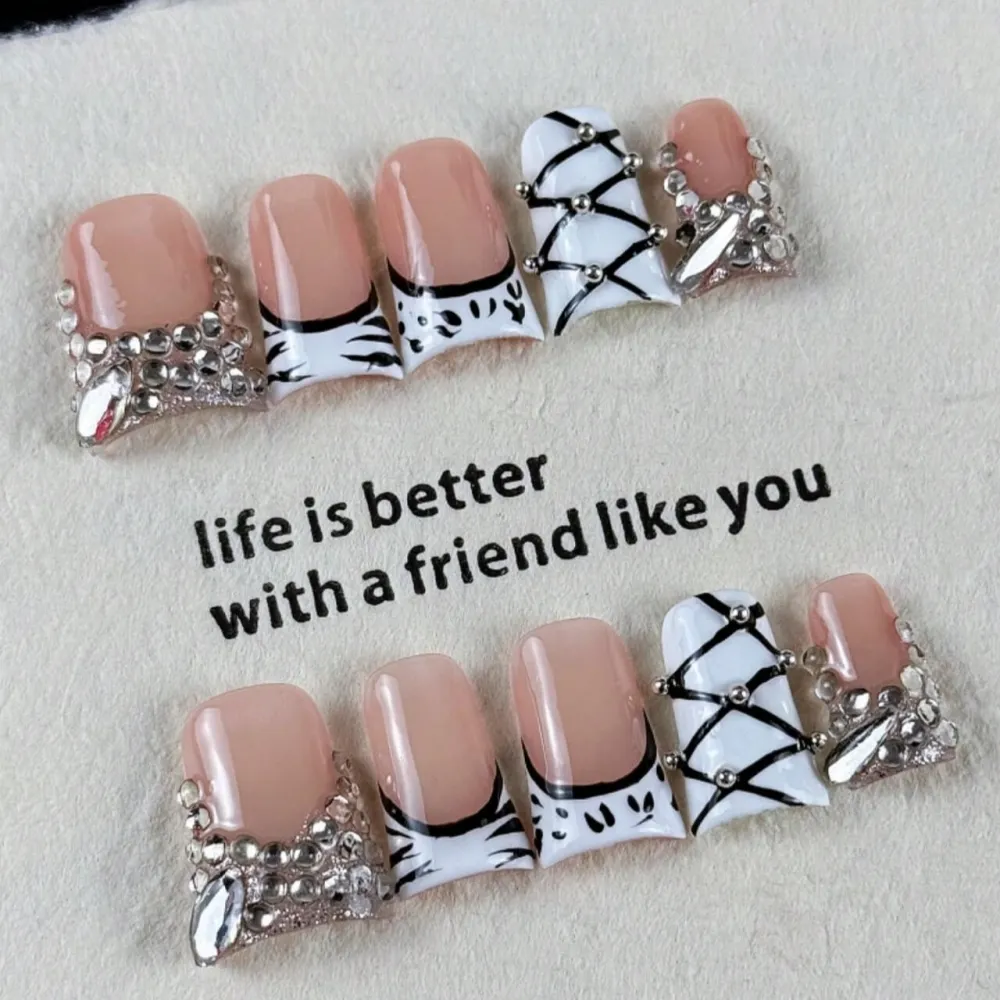 Nailhour 10Pcs Handmade Medium Duck Hand-Painted Zebra Patter Press On Nails