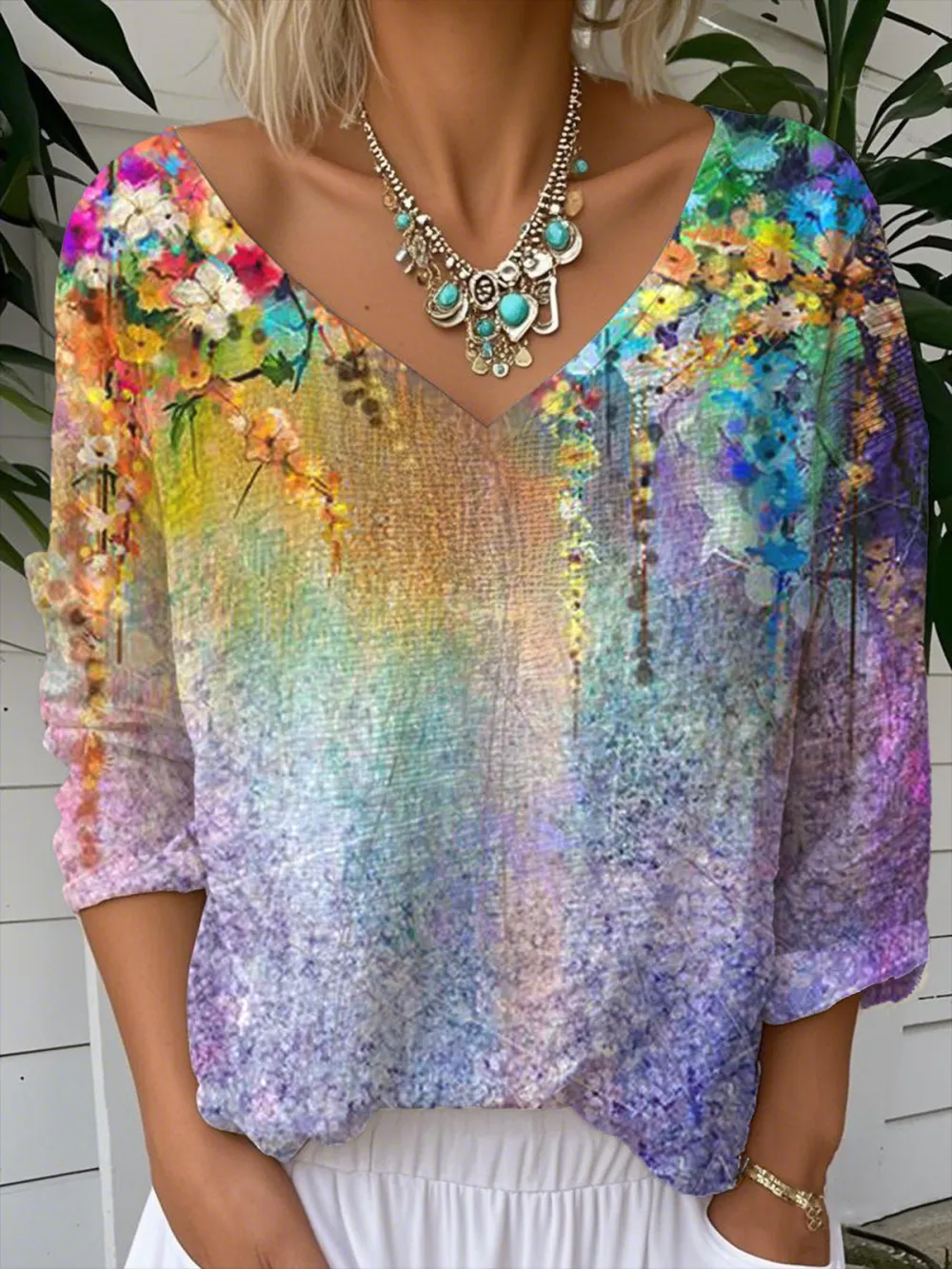 Women's Long-Sleeved Shirt With Colorful Flower Tree Prints