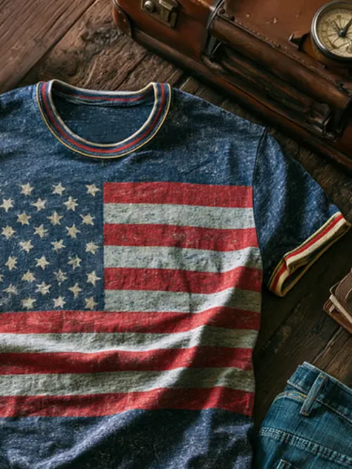 Men's Retro Patriotic Color-Block Crew Neck Short-Sleeve T-Shirt