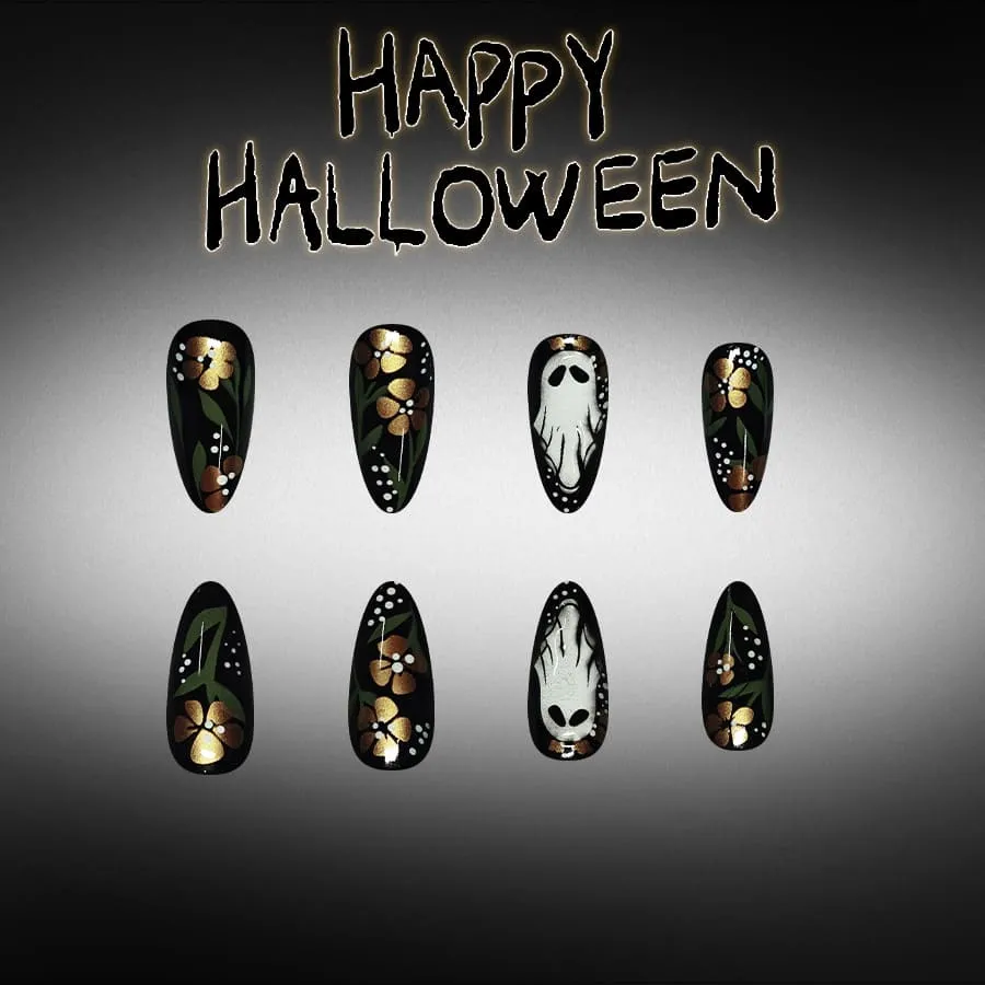 Nailhour 24Pcs 3D Cute Ghost Glossy Gilded Halloween Short Almond Press On Nails