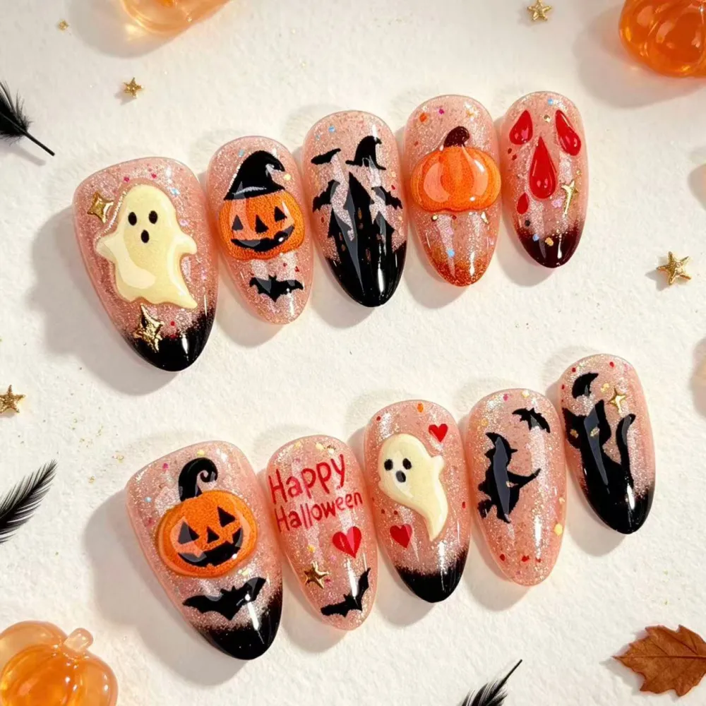 Nailhour 30Pcs Halloween 3D Medium Almond Pumpkin Press On Nails