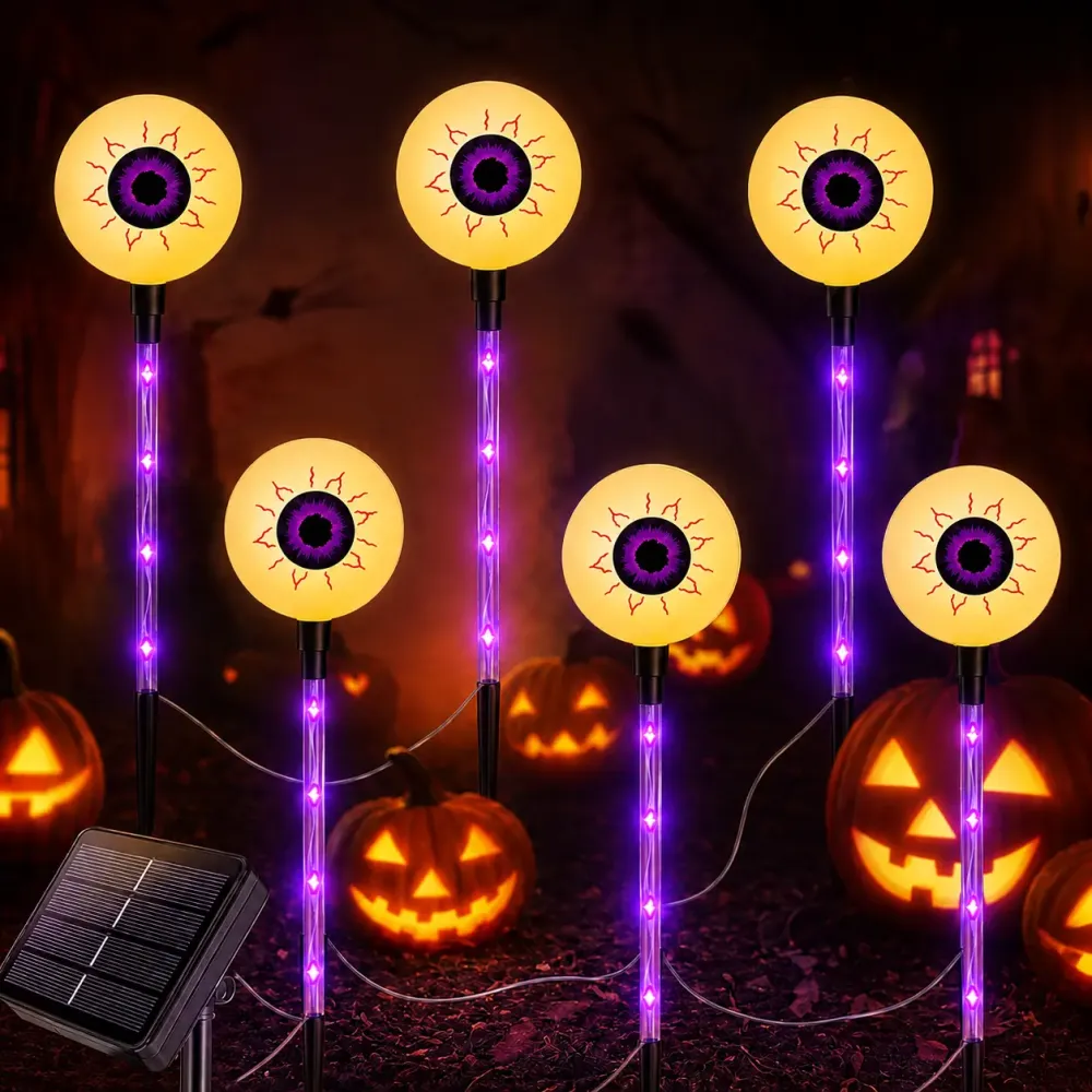 6pcs Halloween Solar Path Lights - Outdoor Ghost, Skeleton & Pumpkin Stake Lights with 8 Modes