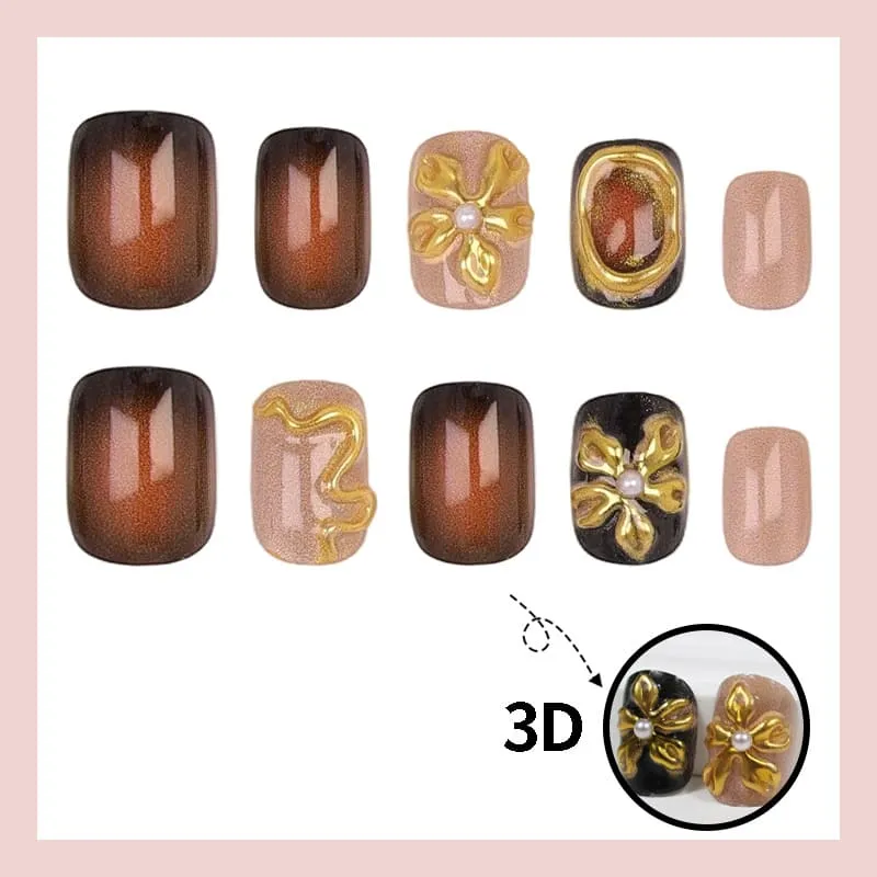 Nailhour 24Pcs Gilded 3D Short Square French Press On Nails