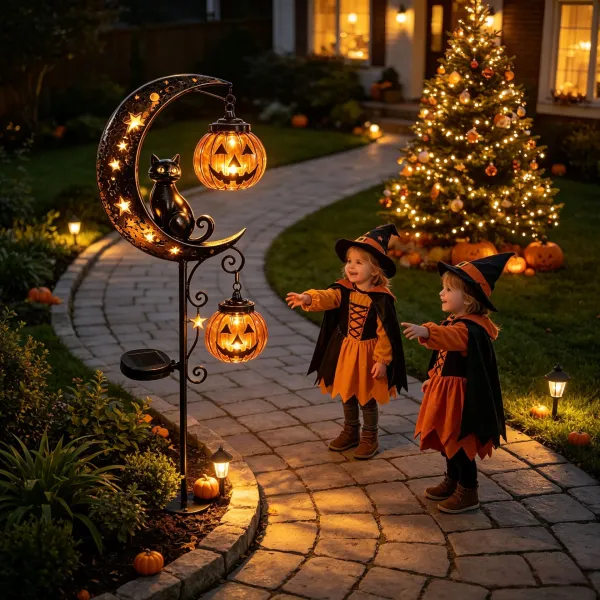 Halloween Solar Black Cat & Pumpkin Moon Stake Light