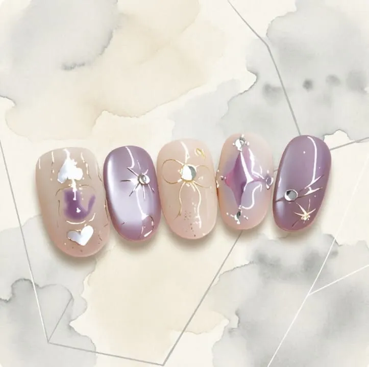 Nailhour 10Pcs French Purple Cat Eye Rhinestone Medium Oval Press On Nails