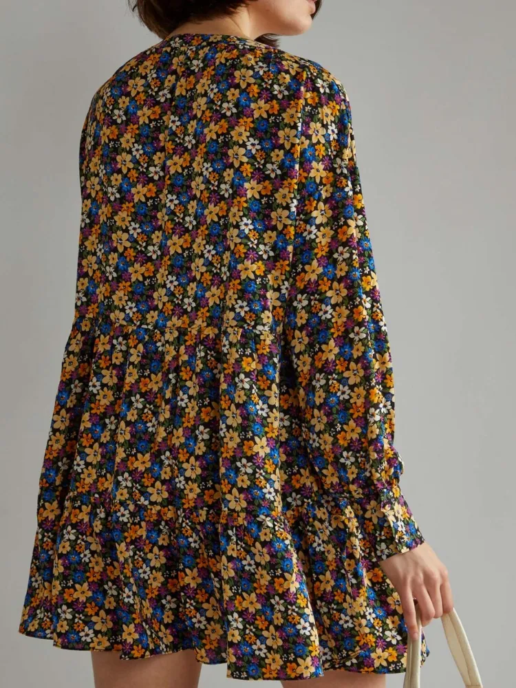 Mulit Floral Print Long Sleeve Dress