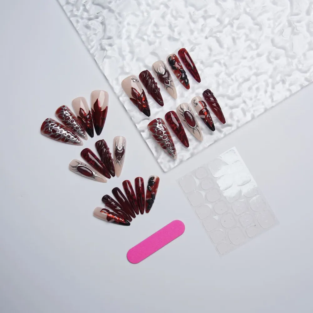 Nailhour 24Pcs Gothic 3D Long Stiletto Press On Nails