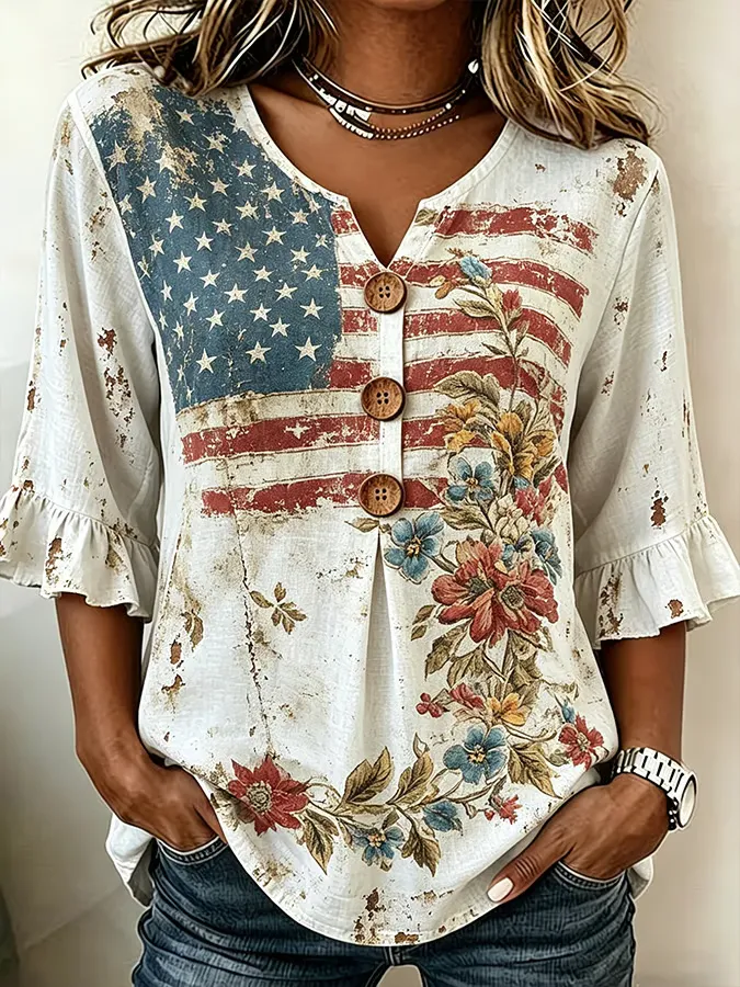 Women's Casual V-Neck Printed Cotton-Linen Top