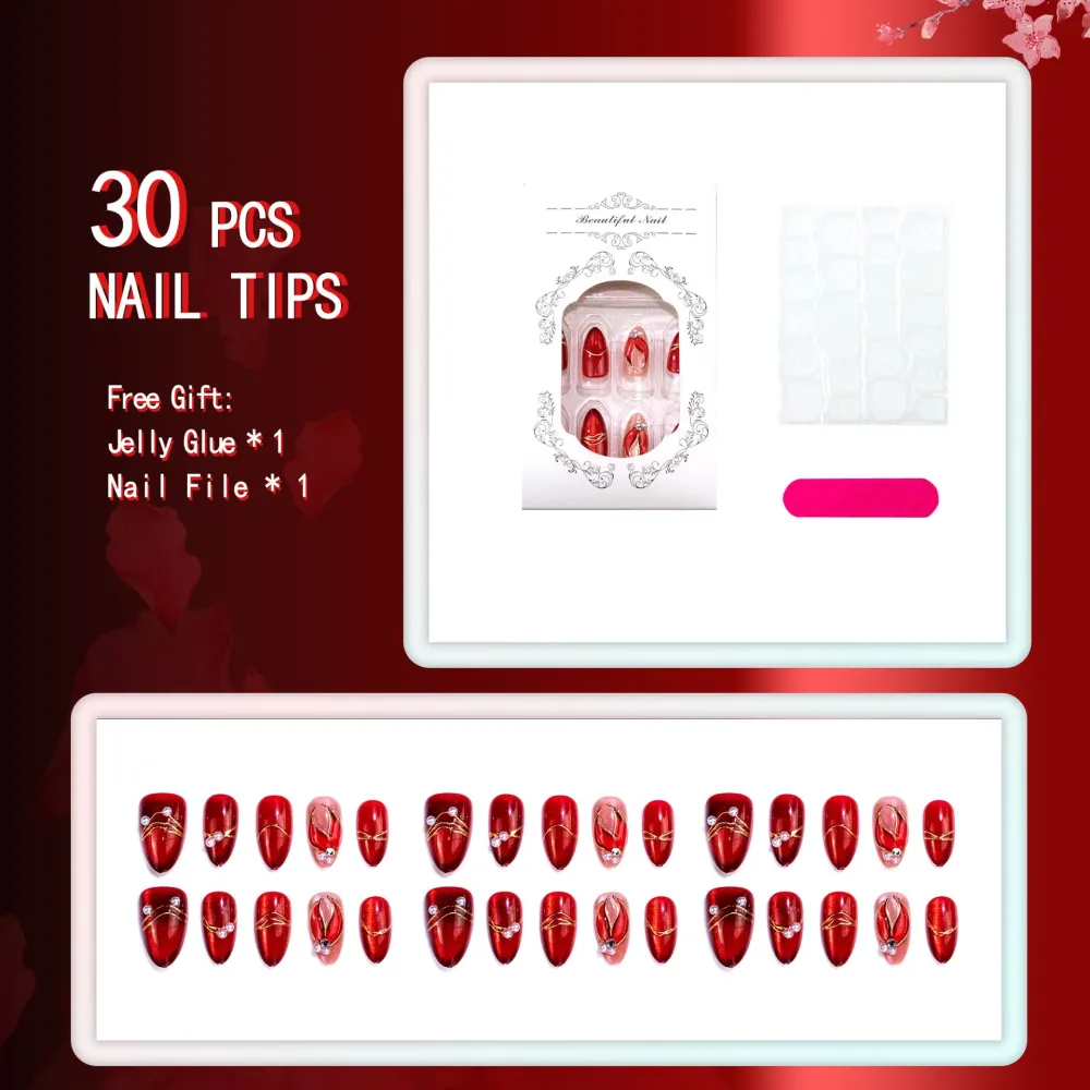 Nailhour 30Pcs Red 3D Wings Medium Almond French Press On Nails
