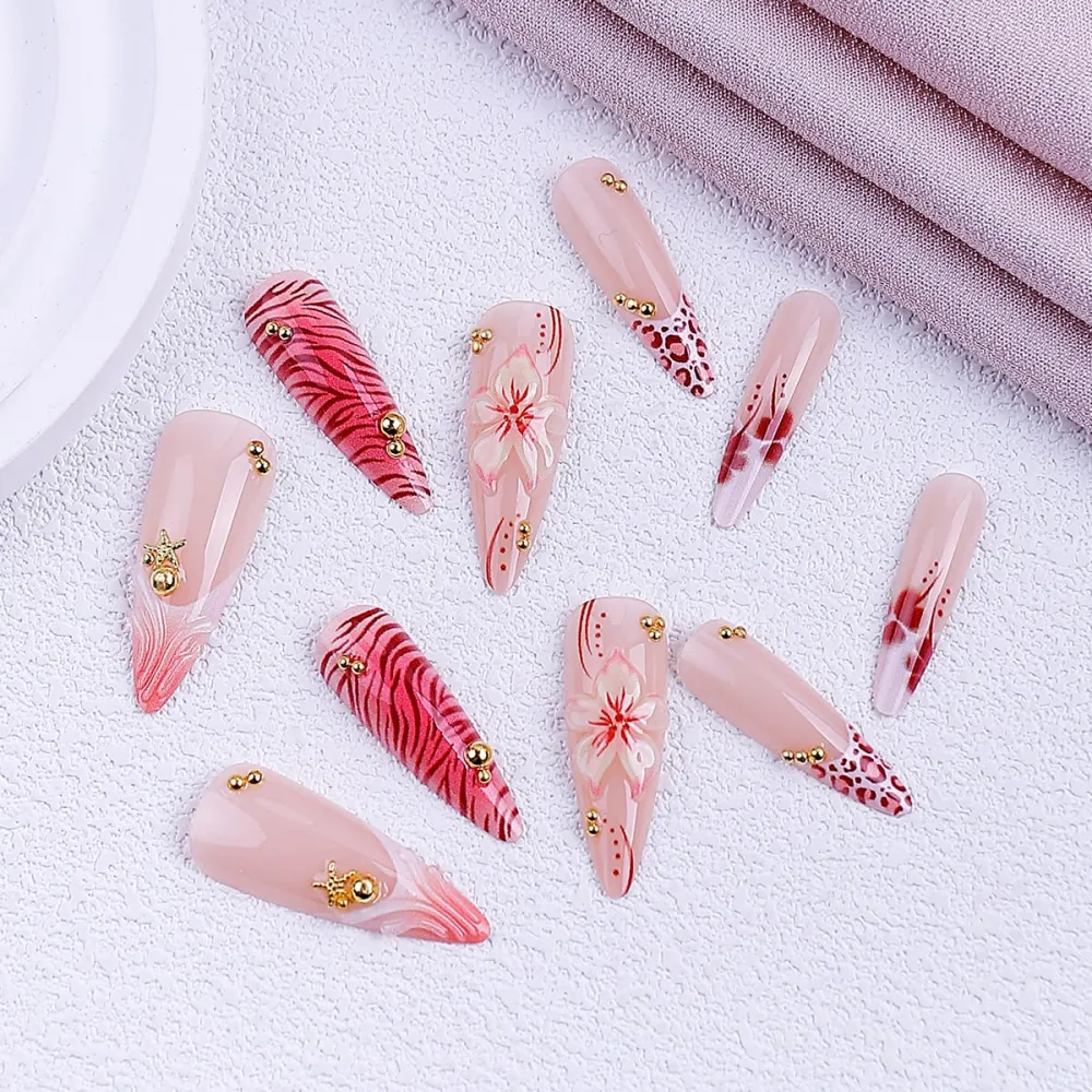 Nailhour 24Pcs Pink Leopard Print Medium Almond French Press On Nails