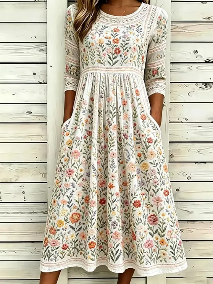 Women's Colorful Floral Art Printed Linen Blended Lace Round Neck Short Sleeved Dress