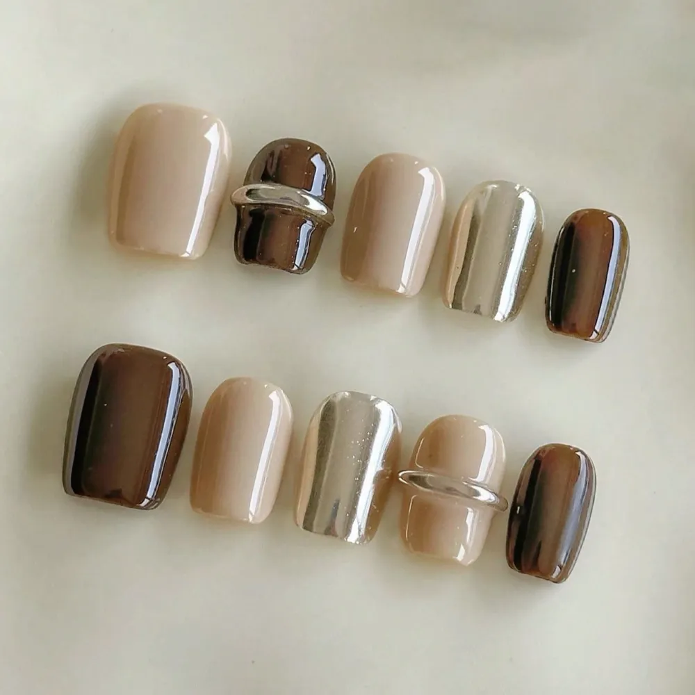 Nailhour 10Pcs Handmade Nude Vintage Short Square Press On Nails