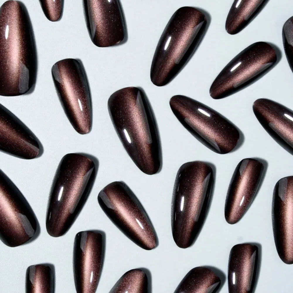 Nailhour 24Pcs Purple Cat Eye Long Almond Press On Nails