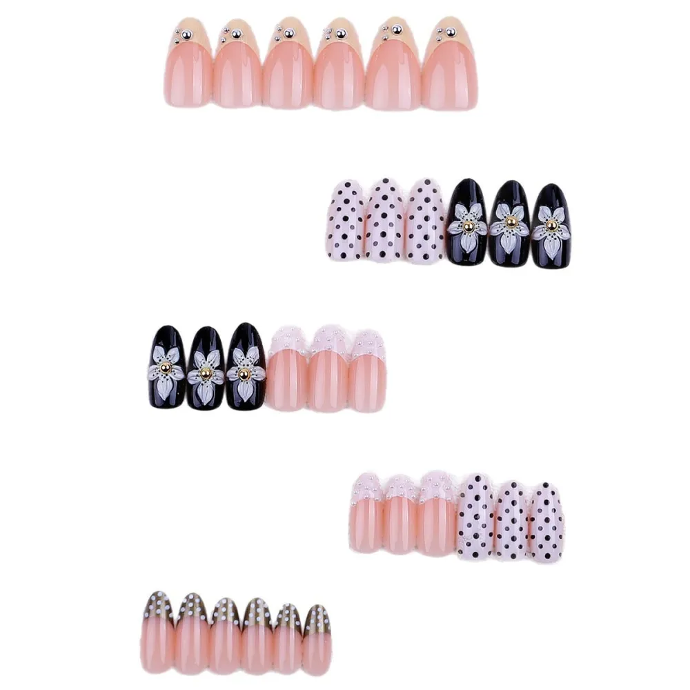 Nailhour 30Pcs 3D Medium Almond French Polka Dot Press On Nails