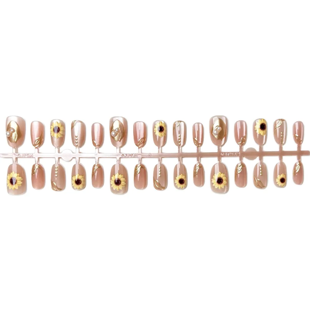 Nailhour 30Pcs Autumn Sunflower Cat Eye Medium Almond French Press On Nails