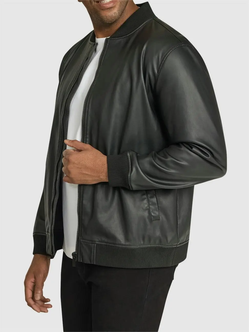 BLACK FAUX LEATHER BOMBER JACKET WITH RETRO STYLE