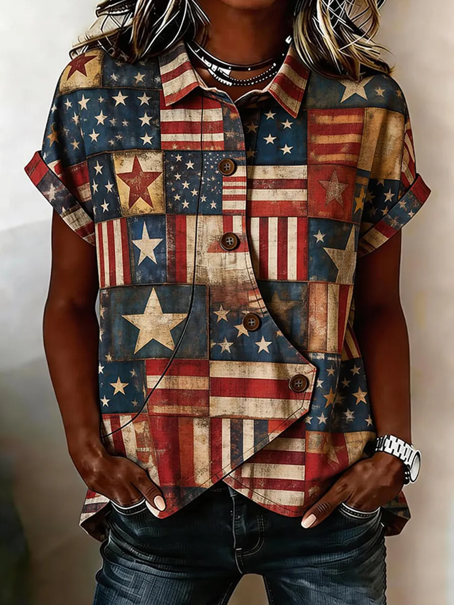 Women'S American Flag Art Commemorative Art Print Shirt