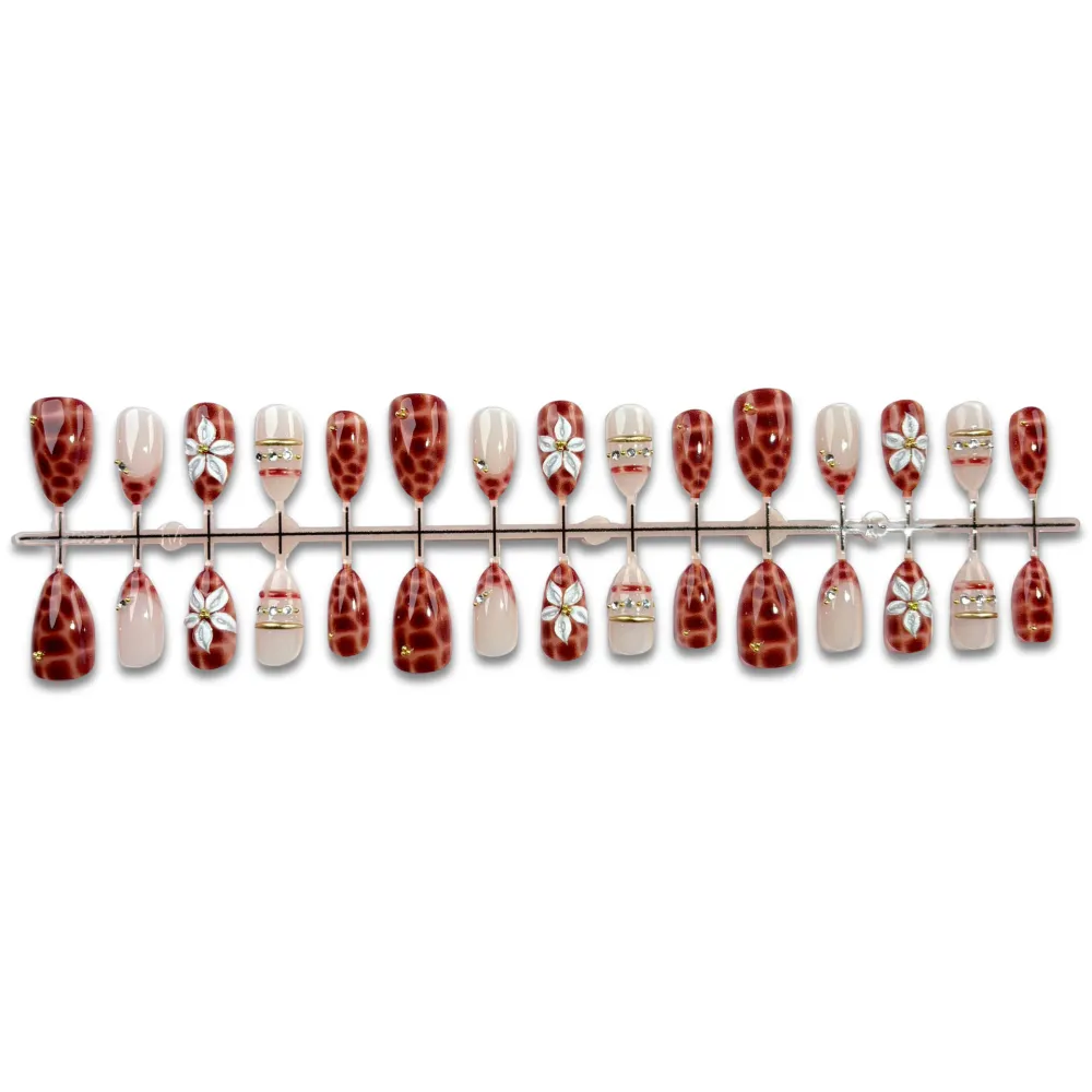 Nailhour 30Pcs Amber Camellia 3D Medium Almond Press On Nails