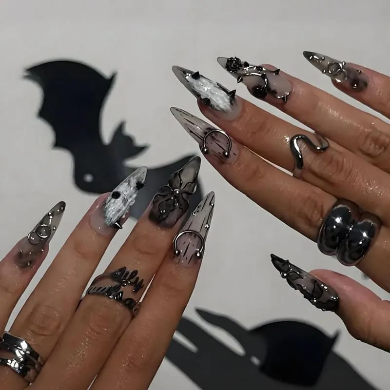 Nailhour 24Pcs Black Gothic 3D Floral Long Stiletto Press On Nails