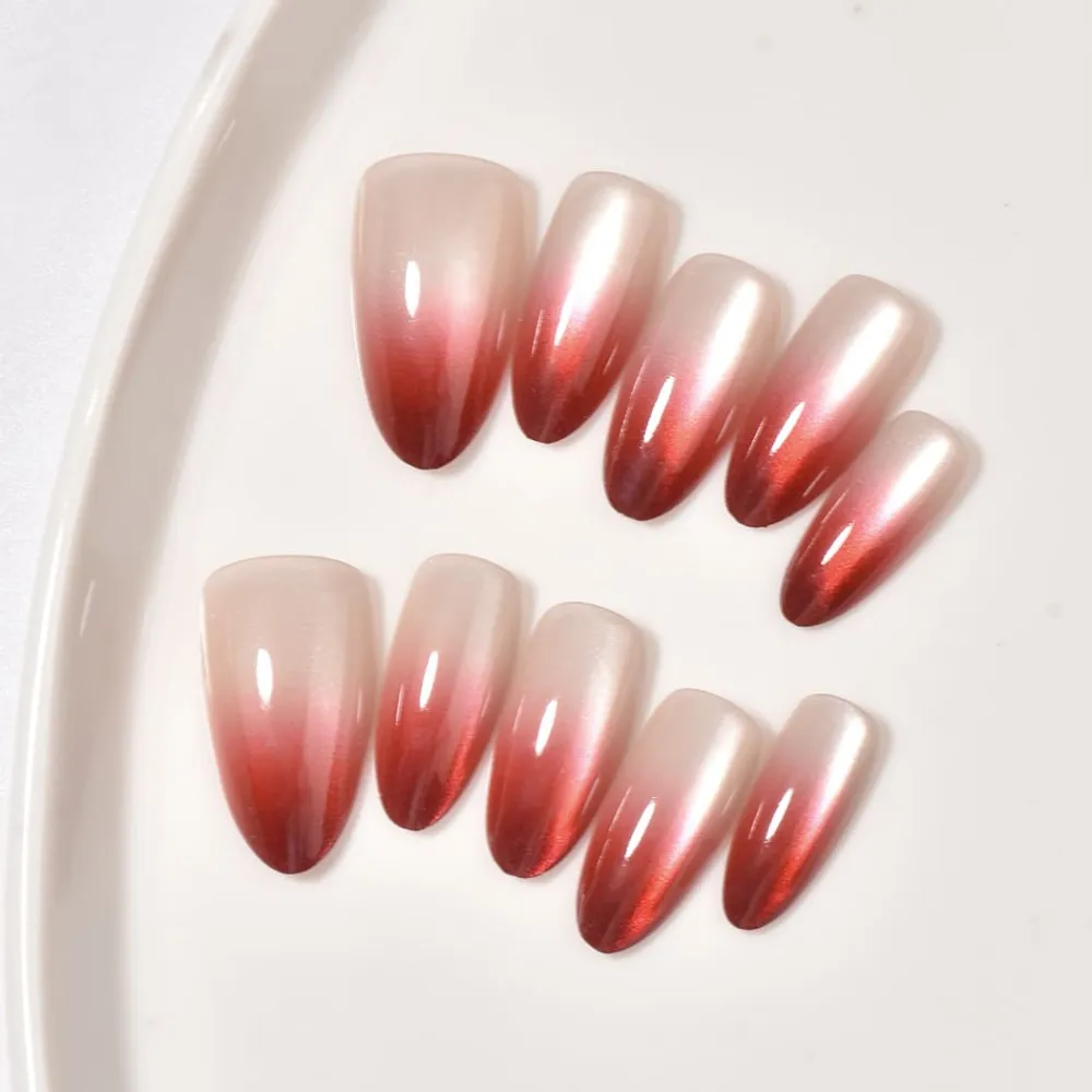 Nailhour 30Pcs Red Medium Almond Gradient French Press On Nails