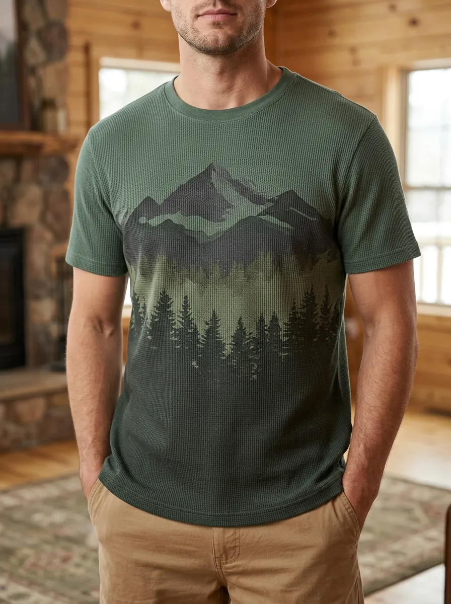 Men's Outdoor Nature Lover Mountain Forest Waffle Expressive Crew Neck T-Shirt