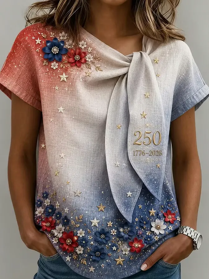 Women'S 250th Anniversary American Art Print Tie-Neck Short-Sleeve Top