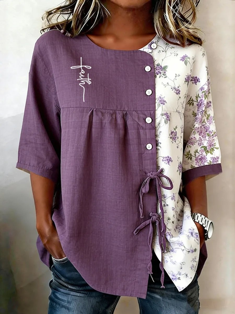 Women's Casual Purple Art Faith Cotton and Linen Shirt