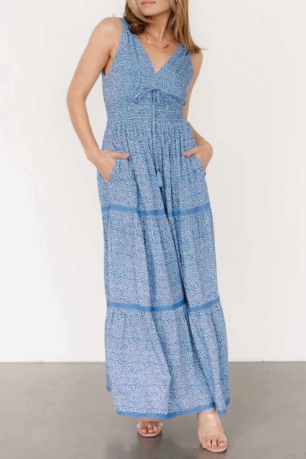 Casual Breathable Blue Floral V-Neck High-Waisted Dress
