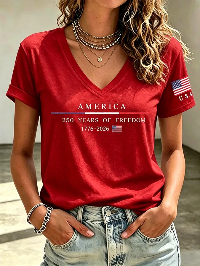 250Th Anniversary American Embroidery Commemorative V-Neck Short Sleeved T-Shirt