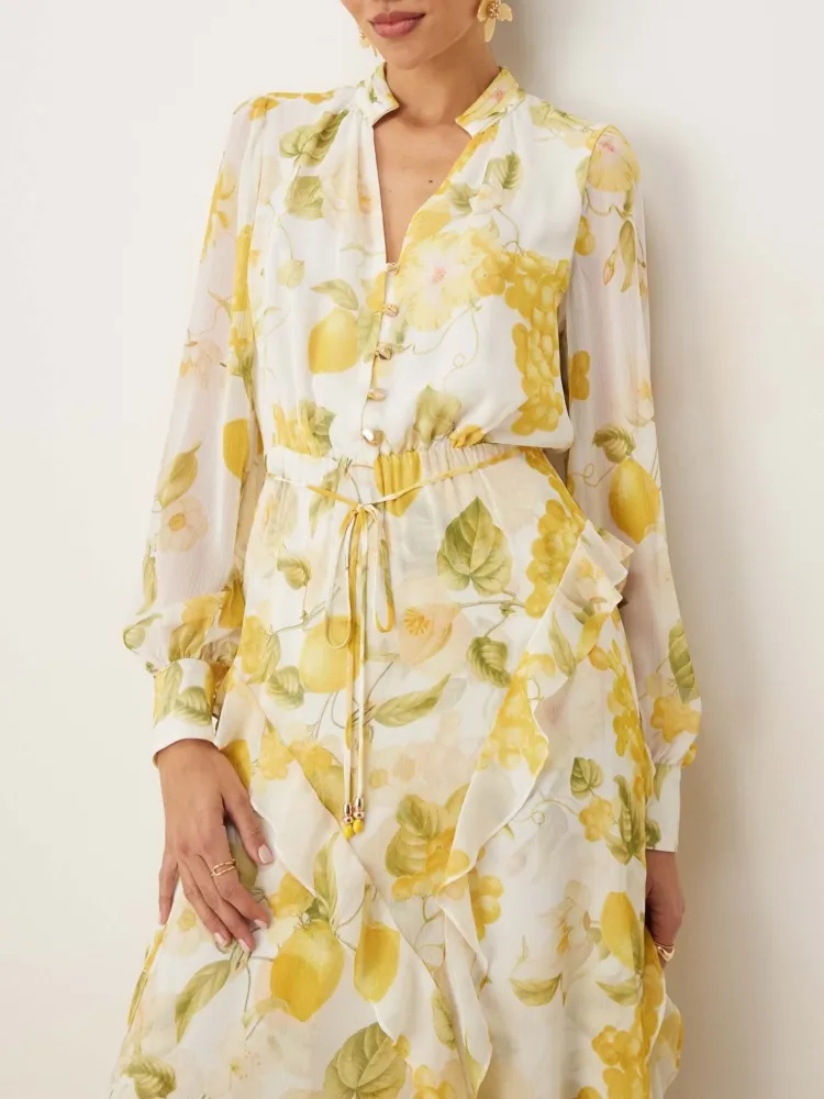 Lemon Print Notched Midi Dress