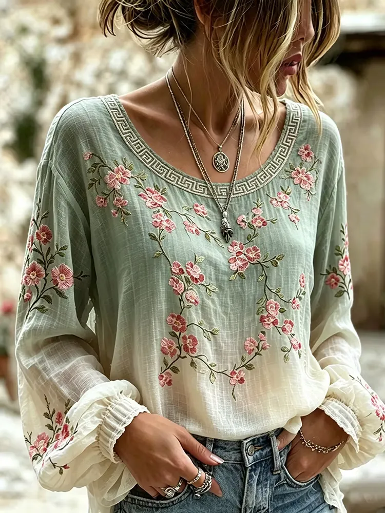 Women's Casual Cotton Linen Flower Print Top