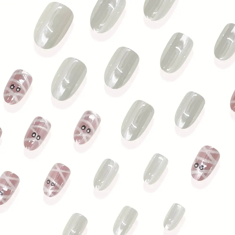 Nailhour 24Pcs Halloween Short Oval White Chrome Pearl Press On Nails
