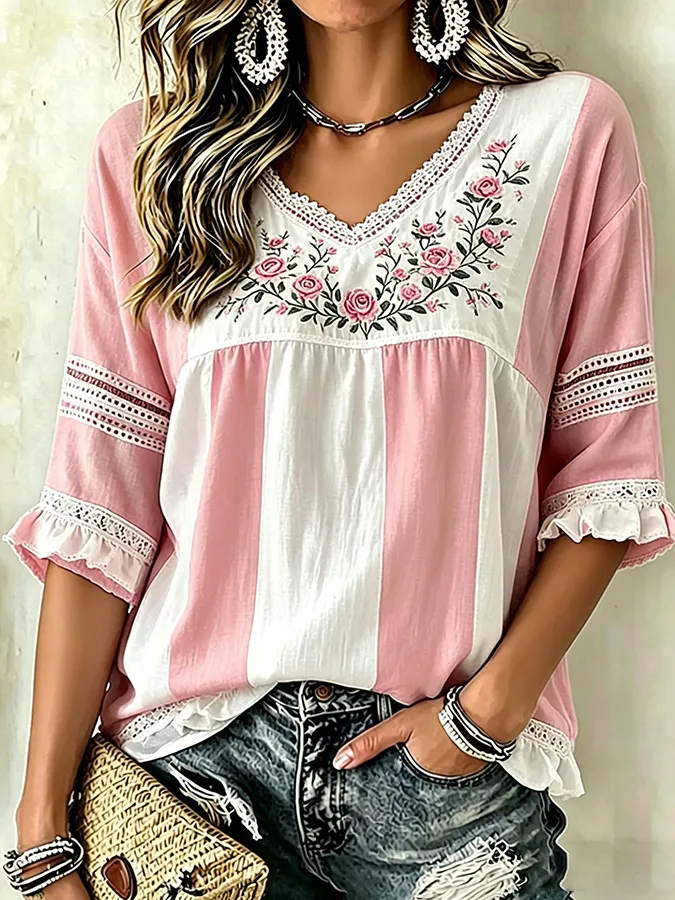 Women's V-neck floral print shirt