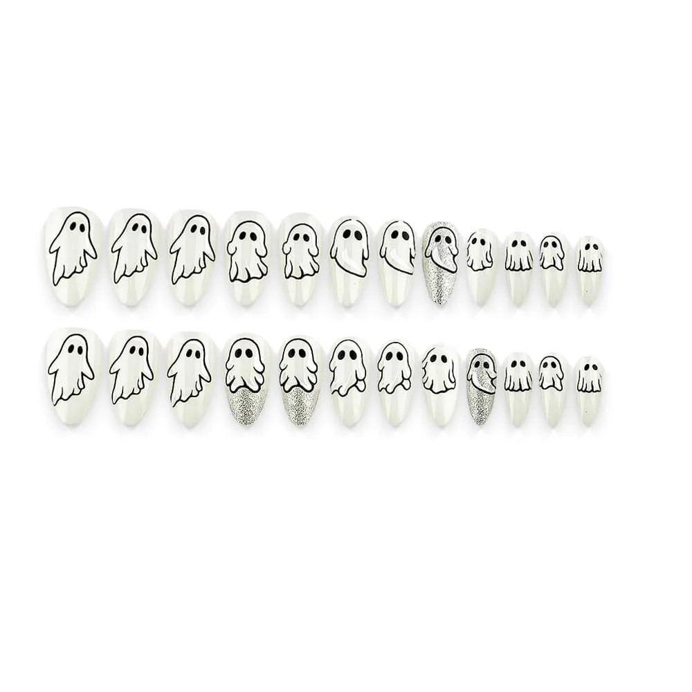 Nailhour 24Pcs White Halloween Minimalist Medium Almond Press On Nails