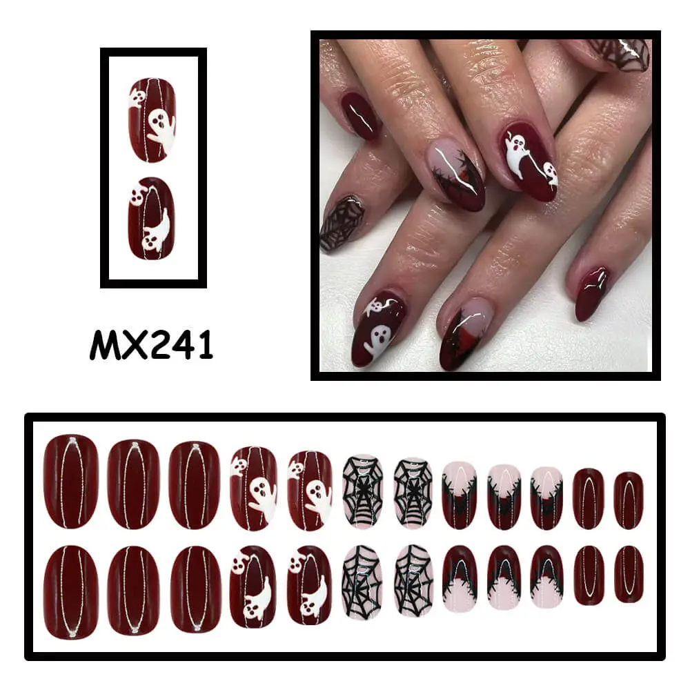 Nailhour 24Pcs Halloween French Short Oval Bloody Ghost Press On Nails