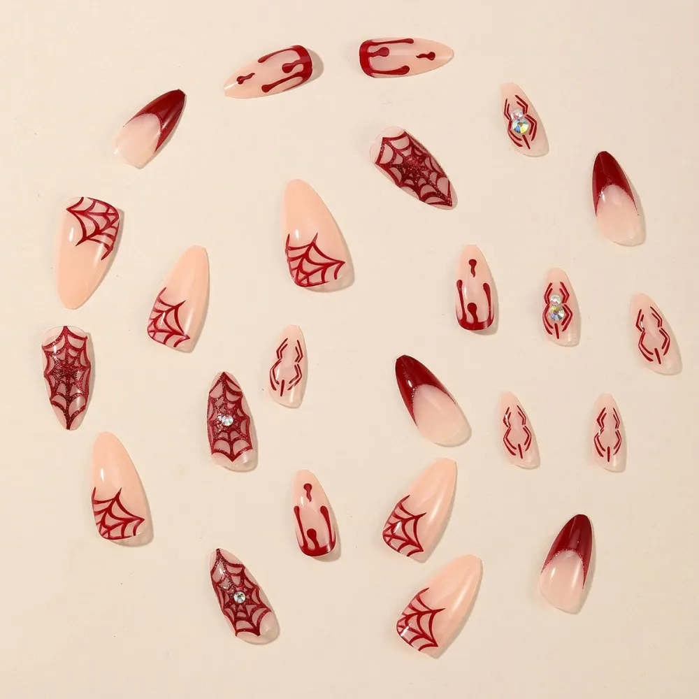 Nailhour 24Pcs Halloween Red Spider Web Medium Almond Press On Nails