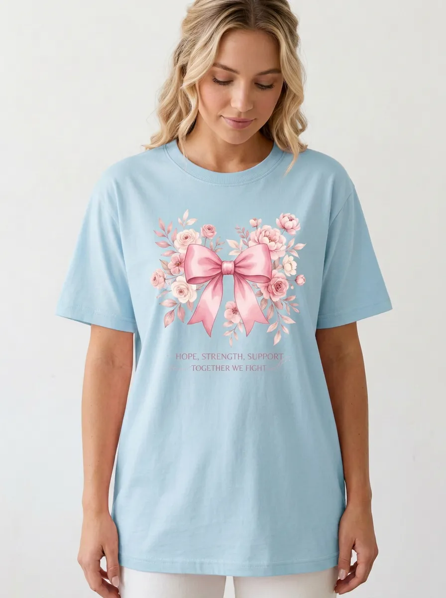 Women's Breast Cancer Awareness Floral Bow Printed T-shirt