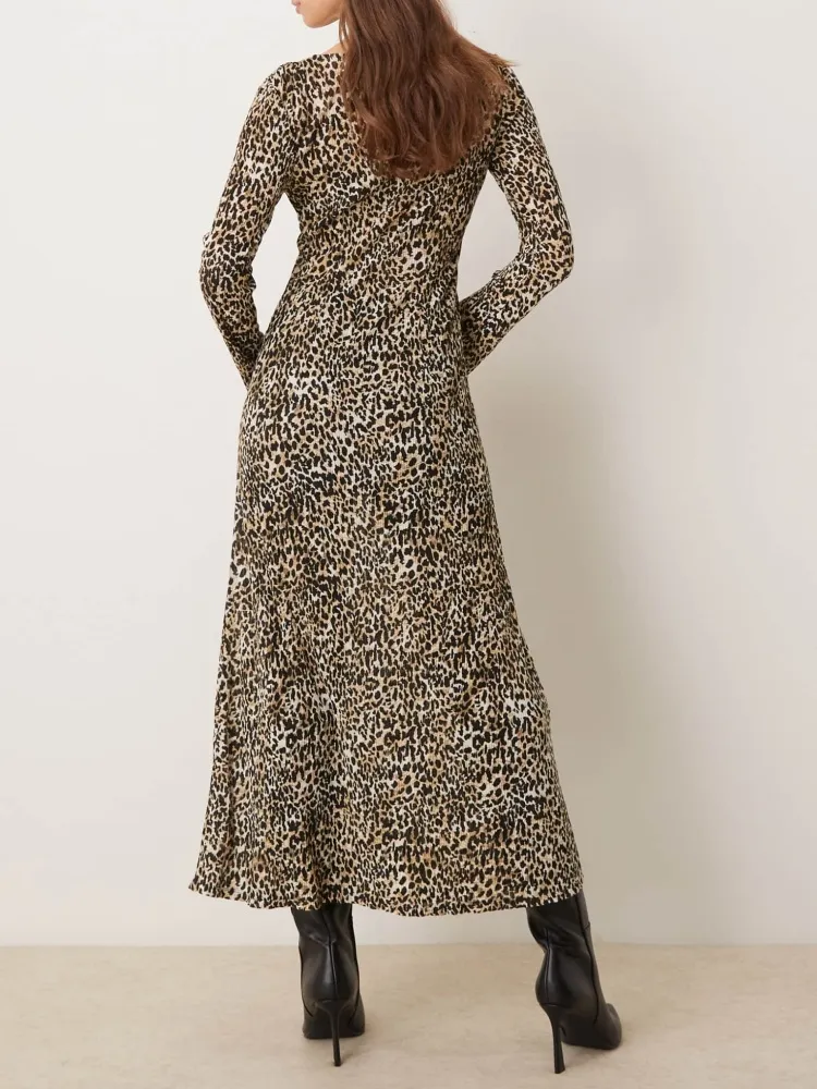 Leopard V-Neck Long Sleeve Dress