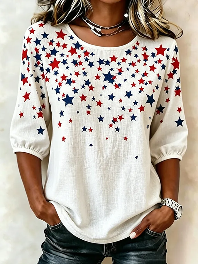 Women'S Patriotic Star Linen Cotton Printed Top