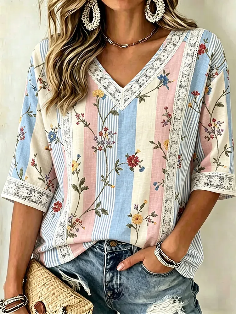 Women's V-neck floral print shirt