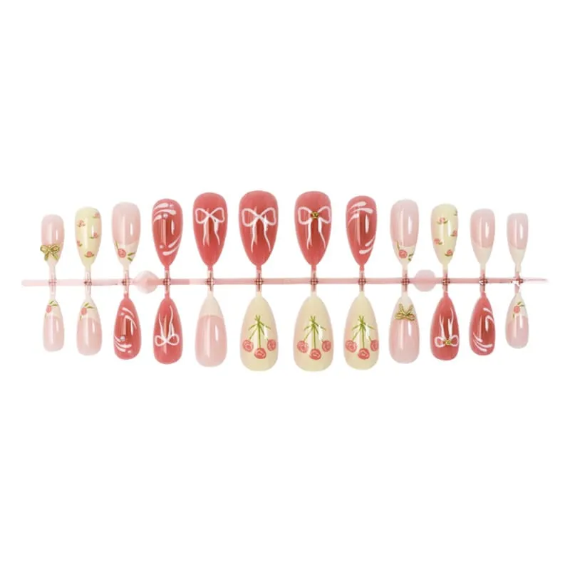 Nailhour 24Pcs Bow Gilded 3D Medium Almond French Press On Nails