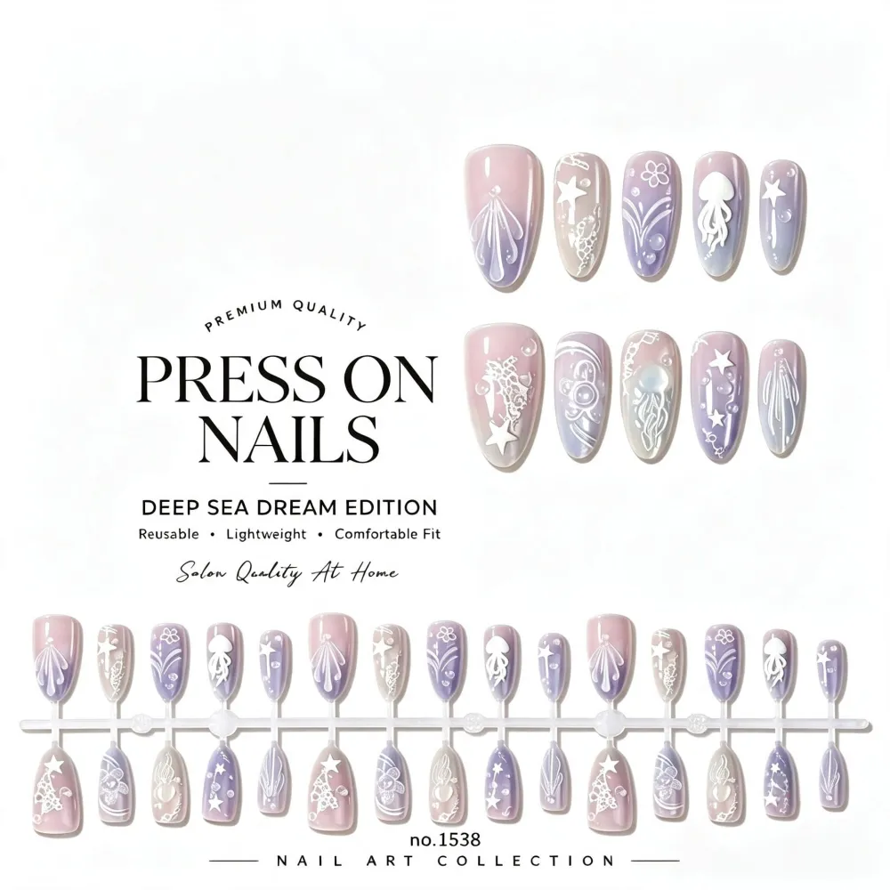Nailhour 30Pcs Jellyfish Gradient Medium Almond French Press On Nails
