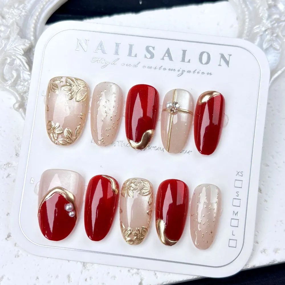 Nailhour 30Pcs Red Cat Eye Medium Oval French Gilded Press On Nails